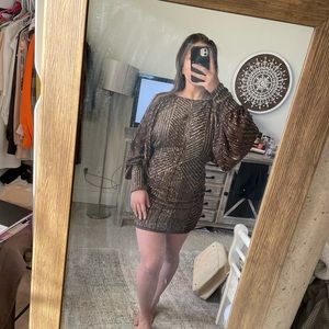 Brown sequined/beaded long sleeve mini dress